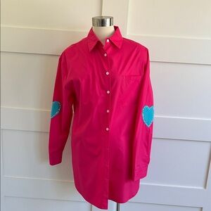 ROMI BASHA- oversized fuchsia pink tunic/button down top. Aqua hearts